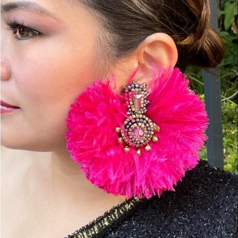 Farah Abu Khiloni Oversized Statement Earrings in Pink Feathers and Crystals